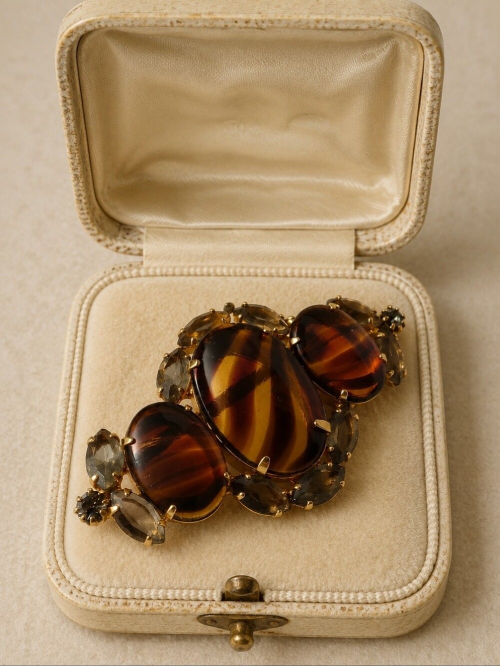 Glass Tortoise Striped Prong Set Brooch Gold Tone Smoke Open Back Prong Set Pin